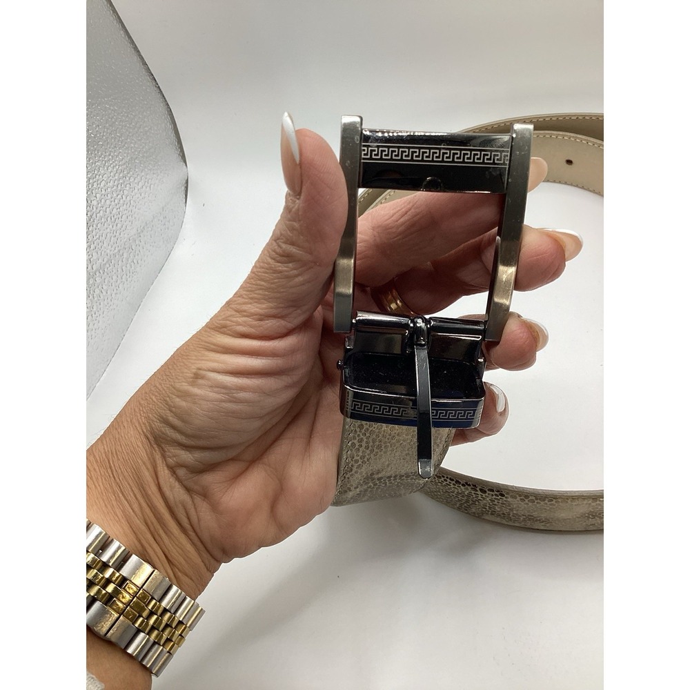 Italian Select Genuine Leather Belt Greek Key Buckle Made In Italy Back Silver